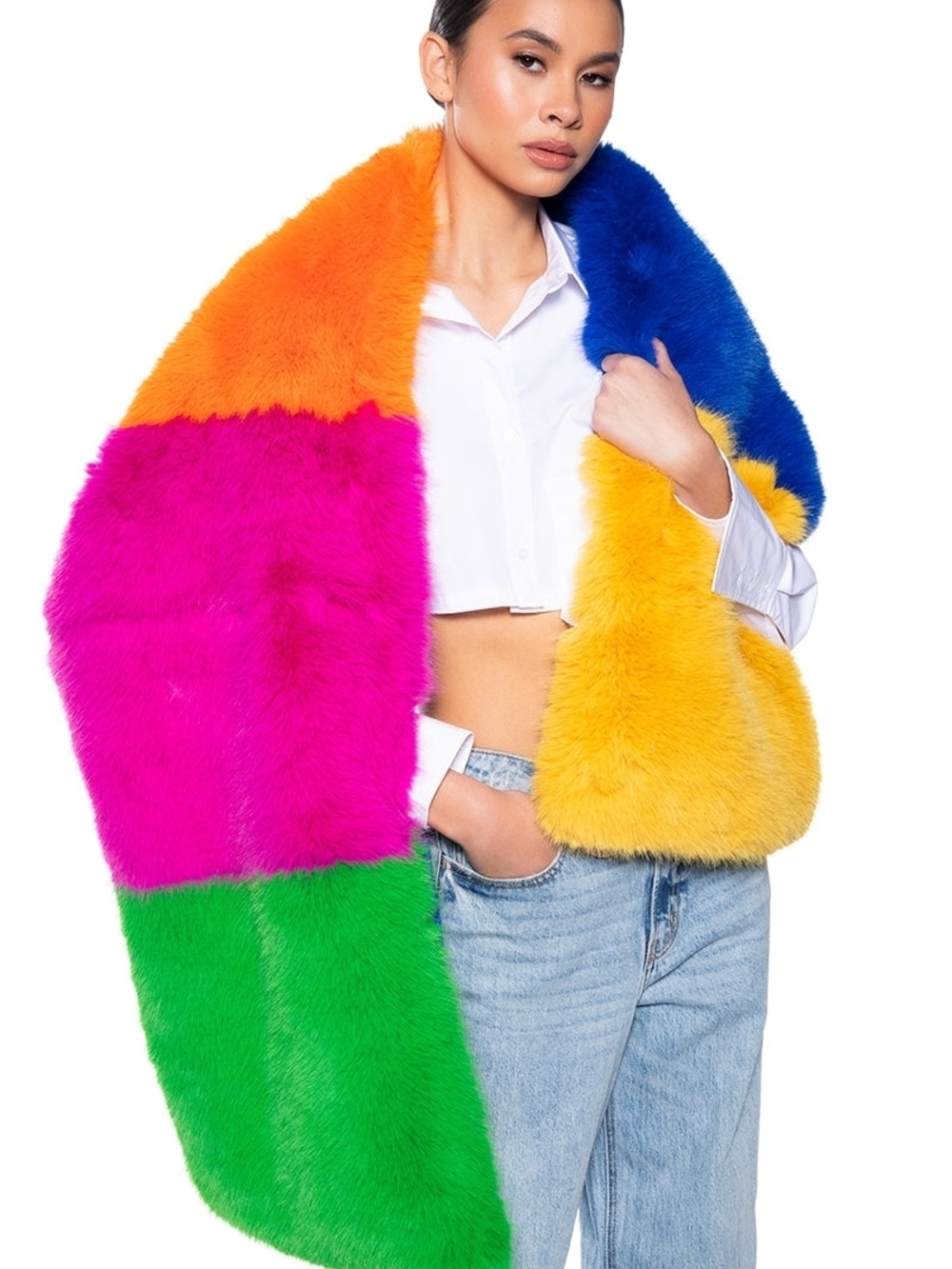 "Kaleido Rainbow" Faux Fur Scarf in Multi (Matching Jacket & Tote Available)